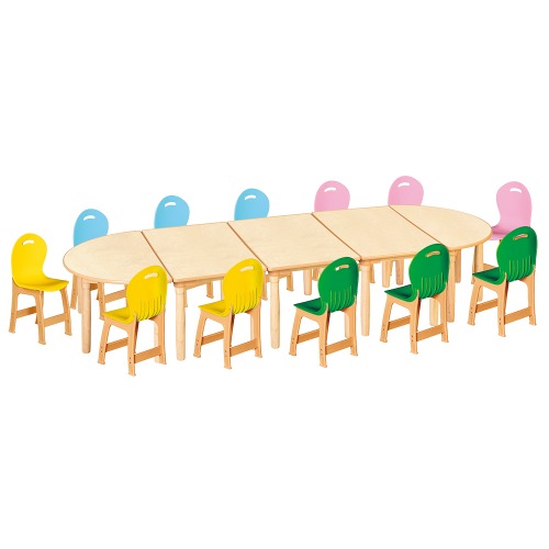 안전 자작합판 대형 반달 5조각 12인 책상의자세트(노랑+초록+분홍+하늘 파스텔의자)