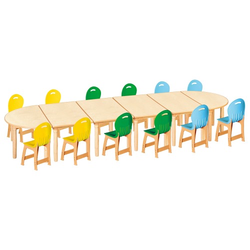 안전 자작합판 대형 반달 6조각 12인 책상의자세트(노랑+초록+하늘 파스텔의자)