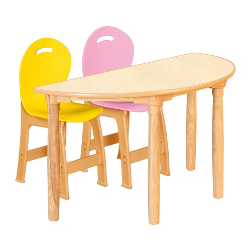 안전 자작합판 대형 반달 1조각 2인 책상의자세트(노랑+분홍 파스텔의자)