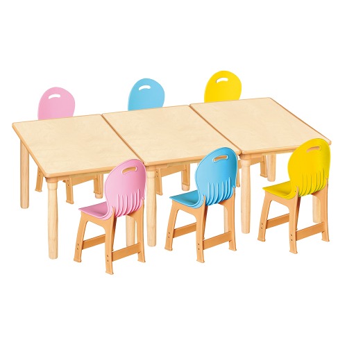 안전 자작합판 대형 사각 3조각 6인 책상의자세트(분홍+하늘+노랑 파스텔의자)