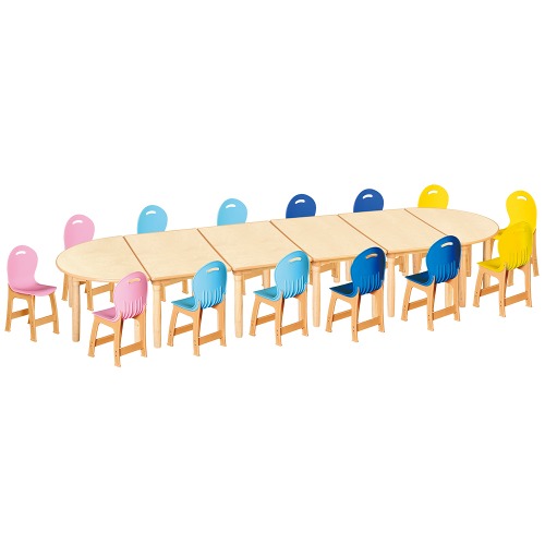 안전 자작합판 대형 반달 6조각 14인 책상의자세트(분홍+하늘+파랑+노랑 파스텔의자)