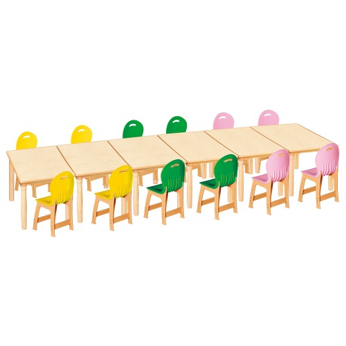 안전 자작합판 대형 사각 6조각 12인 책상의자세트(노랑+초록+분홍 파스텔의자)