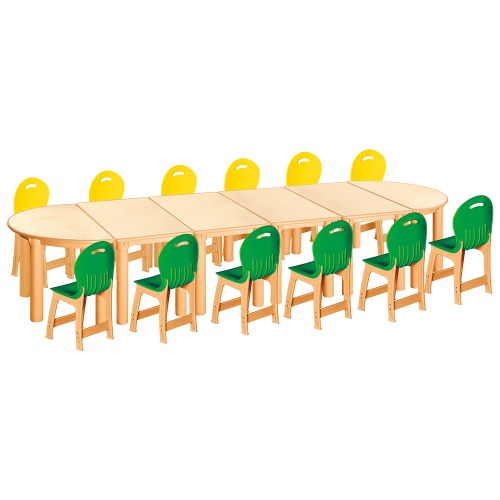 안전 자작합판 대형 반달 6조각 12인 책상의자세트(노랑+초록 파스텔의자)