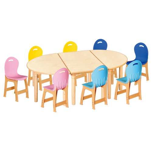 안전 자작합판 대형 반달 3조각 8인 책상의자세트(분홍+하늘+파랑+노랑 파스텔의자)