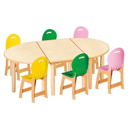 안전 자작합판 대형 반달 3조각 6인 책상의자세트(노랑+초록+분홍 파스텔의자)