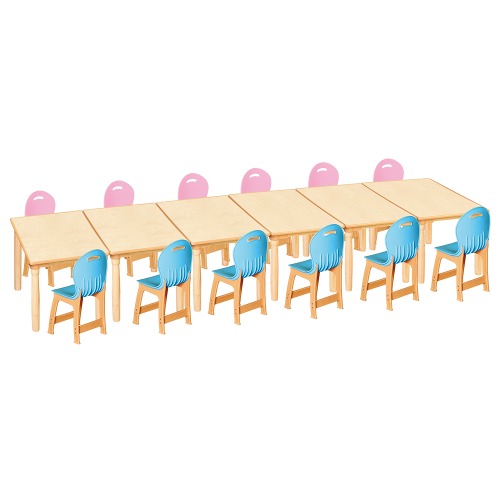 안전 자작합판 대형 사각 6조각 12인 책상의자세트(분홍+하늘 파스텔의자)