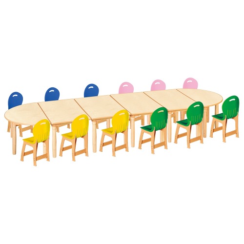 안전 자작합판 대형 반달 6조각 12인 책상의자세트(노랑+초록+분홍+파랑 파스텔의자)