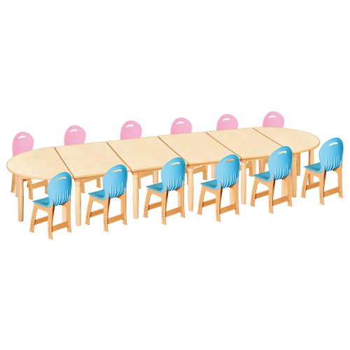 안전 자작합판 대형 반달 6조각 12인 책상의자세트(분홍+하늘 파스텔의자)