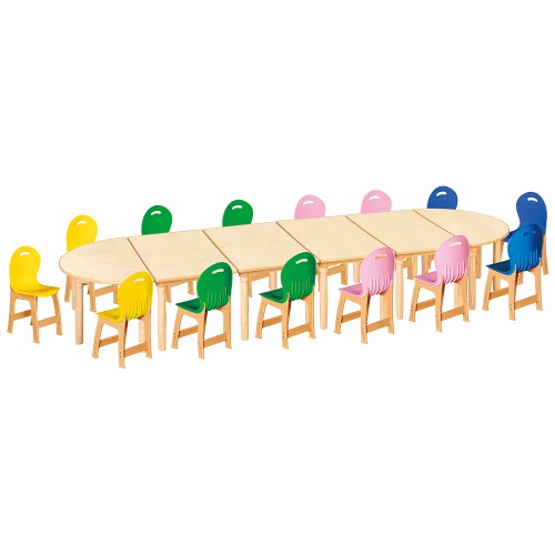 안전 자작합판 대형 반달 6조각 14인 책상의자세트(노랑+초록+분홍+파랑 파스텔의자)