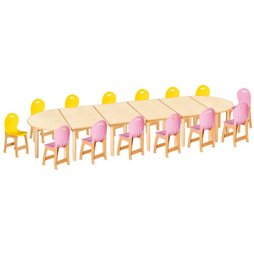 안전 자작합판 대형 반달 6조각 14인 책상의자세트(노랑+분홍 파스텔의자)