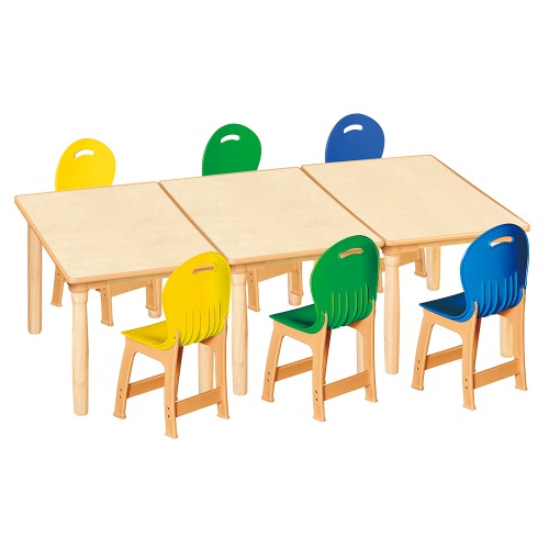 안전 자작합판 대형 사각 3조각 6인 책상의자세트(노랑+초록+파랑 파스텔의자)