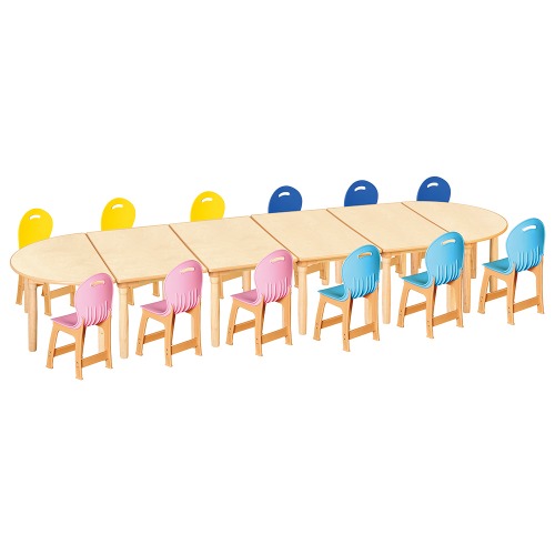 안전 자작합판 대형 반달 6조각 12인 책상의자세트(분홍+하늘+파랑+노랑 파스텔의자)