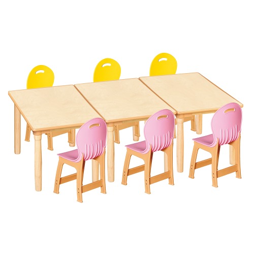 안전 자작합판 대형 사각 3조각 6인 책상의자세트(노랑+분홍 파스텔의자)