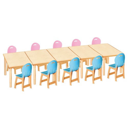 안전 자작합판 대형 사각 5조각 10인 책상의자세트(분홍+하늘 파스텔의자)