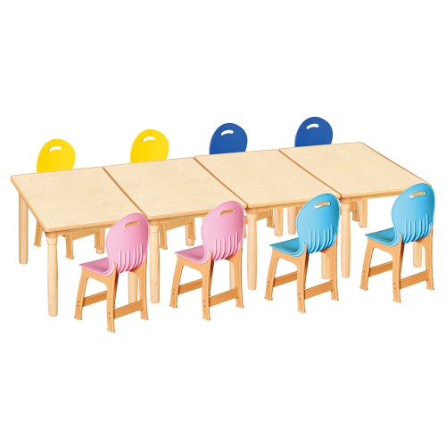 안전 자작합판 대형 사각 4조각 8인 책상의자세트(분홍+하늘+파랑+노랑 파스텔의자)