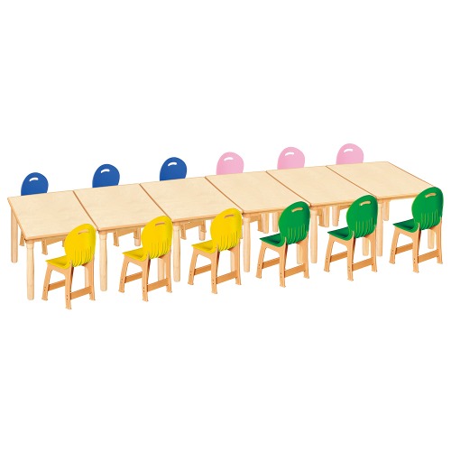 안전 자작합판 대형 사각 6조각 12인 책상의자세트(노랑+초록+분홍+파랑 파스텔의자)