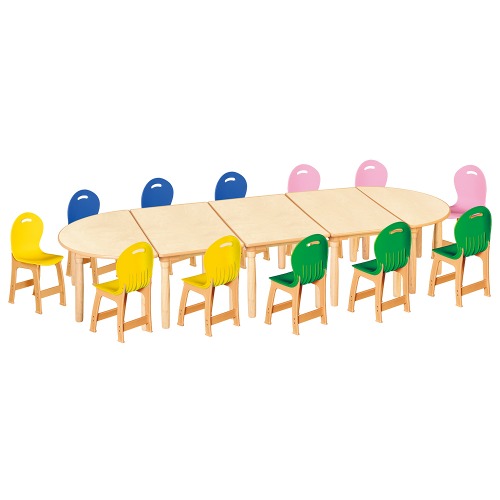 안전 자작합판 대형 반달 5조각 12인 책상의자세트(노랑+초록+분홍+파랑 파스텔의자)