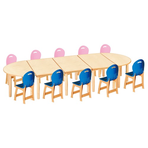 안전 자작합판 대형 반달 5조각 10인 책상의자세트(분홍+파랑 파스텔의자)