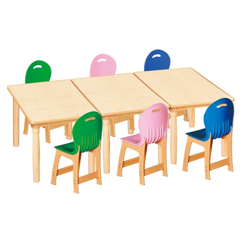 안전 자작합판 대형 사각 3조각 6인 책상의자세트(초록+분홍+파랑 파스텔의자)