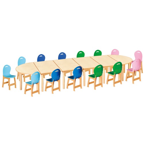 안전 자작합판 대형 반달 6조각 14인 책상의자세트(하늘+파랑+초록+분홍 파스텔의자)