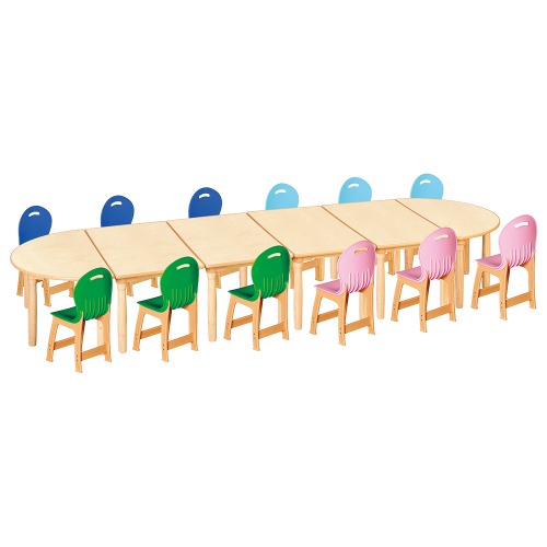 안전 자작합판 대형 반달 6조각 12인 책상의자세트(초록+분홍+하늘+파랑 파스텔의자)