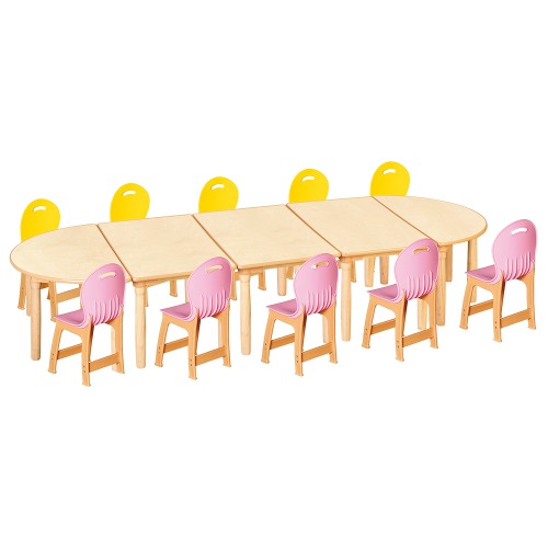안전 자작합판 대형 반달 5조각 10인 책상의자세트(노랑+분홍 파스텔의자)