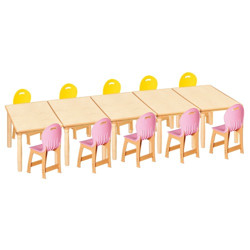 안전 자작합판 대형 사각 5조각 10인 책상의자세트(노랑+분홍 파스텔의자)