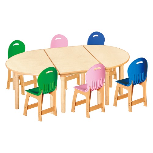 안전 자작합판 대형 반달 3조각 6인 책상의자세트(초록+분홍+파랑 파스텔의자)