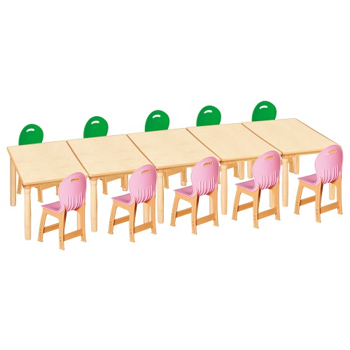 안전 자작합판 대형 사각 5조각 10인 책상의자세트(초록+분홍 파스텔의자)