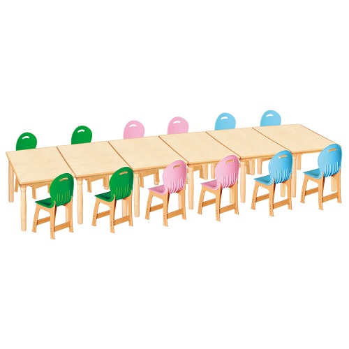 안전 자작합판 대형 사각 6조각 12인 책상의자세트(초록+분홍+하늘 파스텔의자)