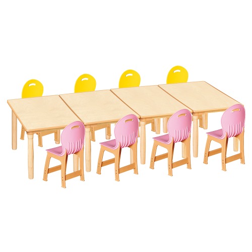 안전 자작합판 대형 사각 4조각 8인 책상의자세트(노랑+분홍 파스텔의자)