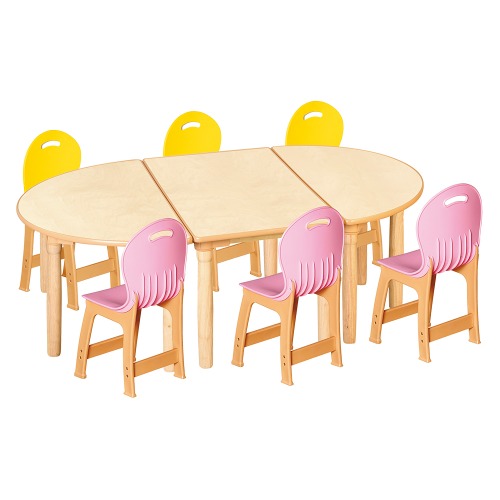 안전 자작합판 대형 반달 3조각 6인 책상의자세트(노랑+분홍 파스텔의자)