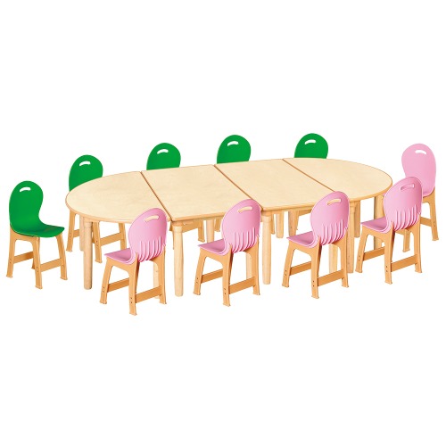 안전 자작합판 대형 반달 4조각 10인 책상의자세트(초록+분홍 파스텔의자)